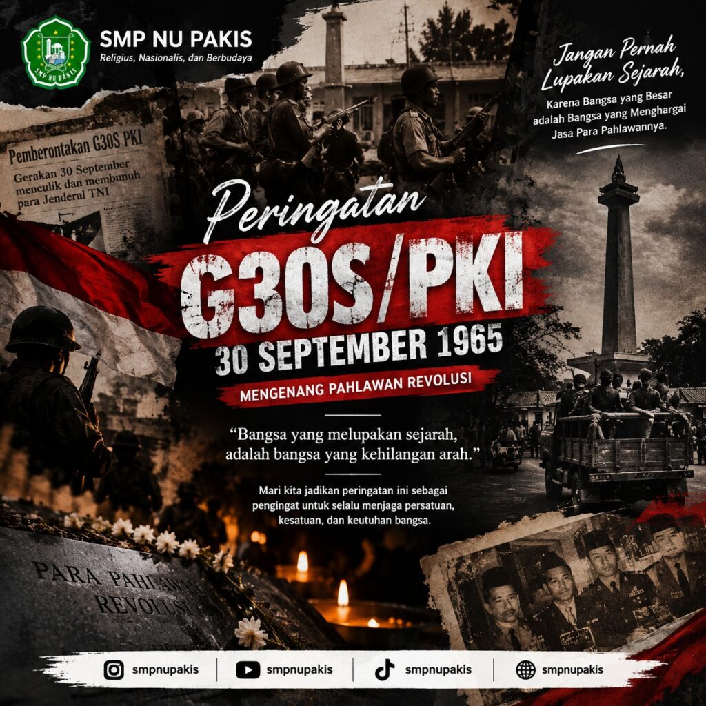 Mengenang sejarah, menghargai perjuangan. 🇮🇩 30 September 1965 menjadi bagian penting dalam perjalanan sejarah bangsa Indonesia. Mari mengenang para pahlawan dan mengambil pelajaran dari masa lalu untuk menjaga persatuan, kesatuan, dan keutuhan NKRI. Jangan lupakan sejarah, jadikan pelajaran untuk melangkah lebih baik. 30 September 1965 — Kita mengenang, kita belajar, kita bersatu.